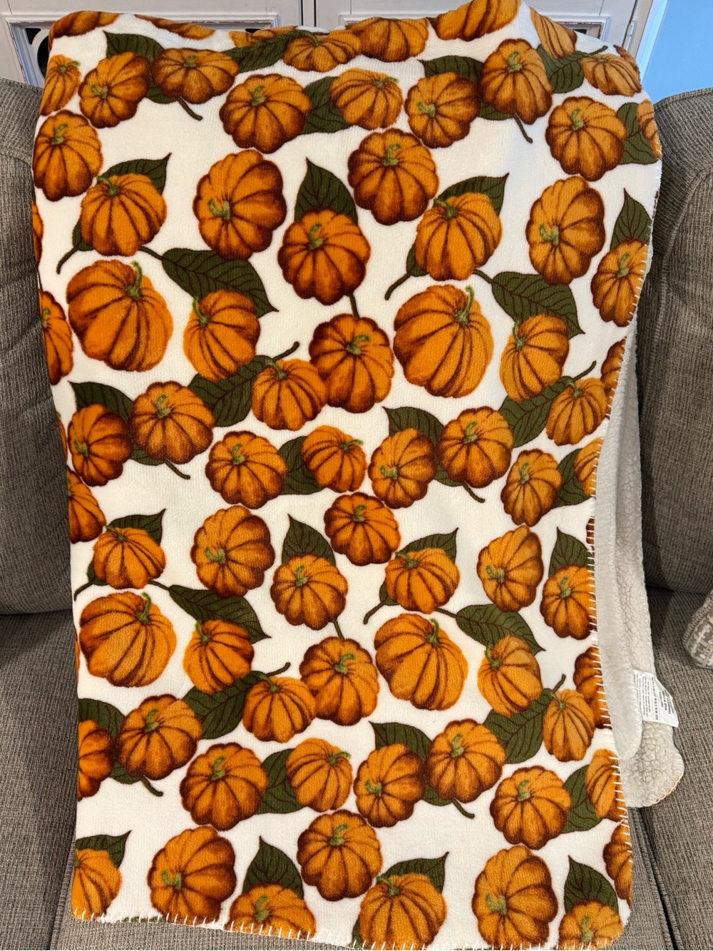 Cozy Pumpkin Print Fleece Throw Blanket - White and Orange